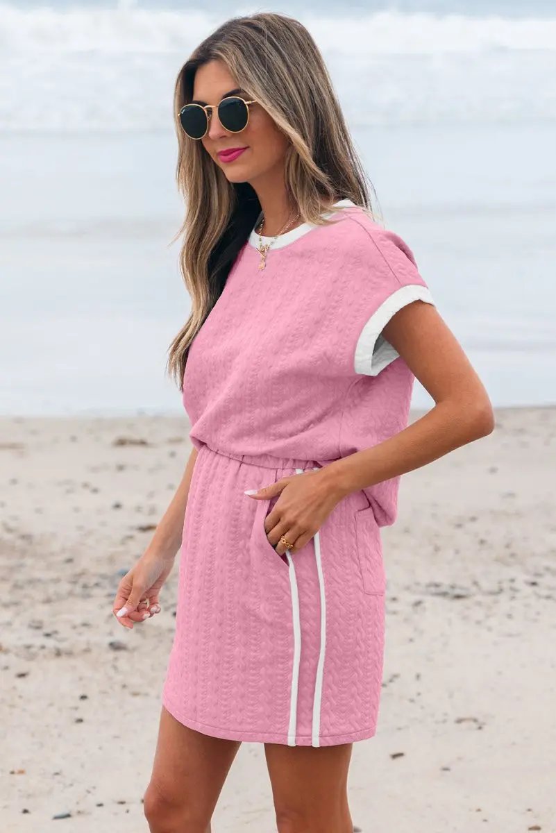 Pink Contrast Trim Textured Crewneck Tee And Pocketed Skirt Set - Love Salve